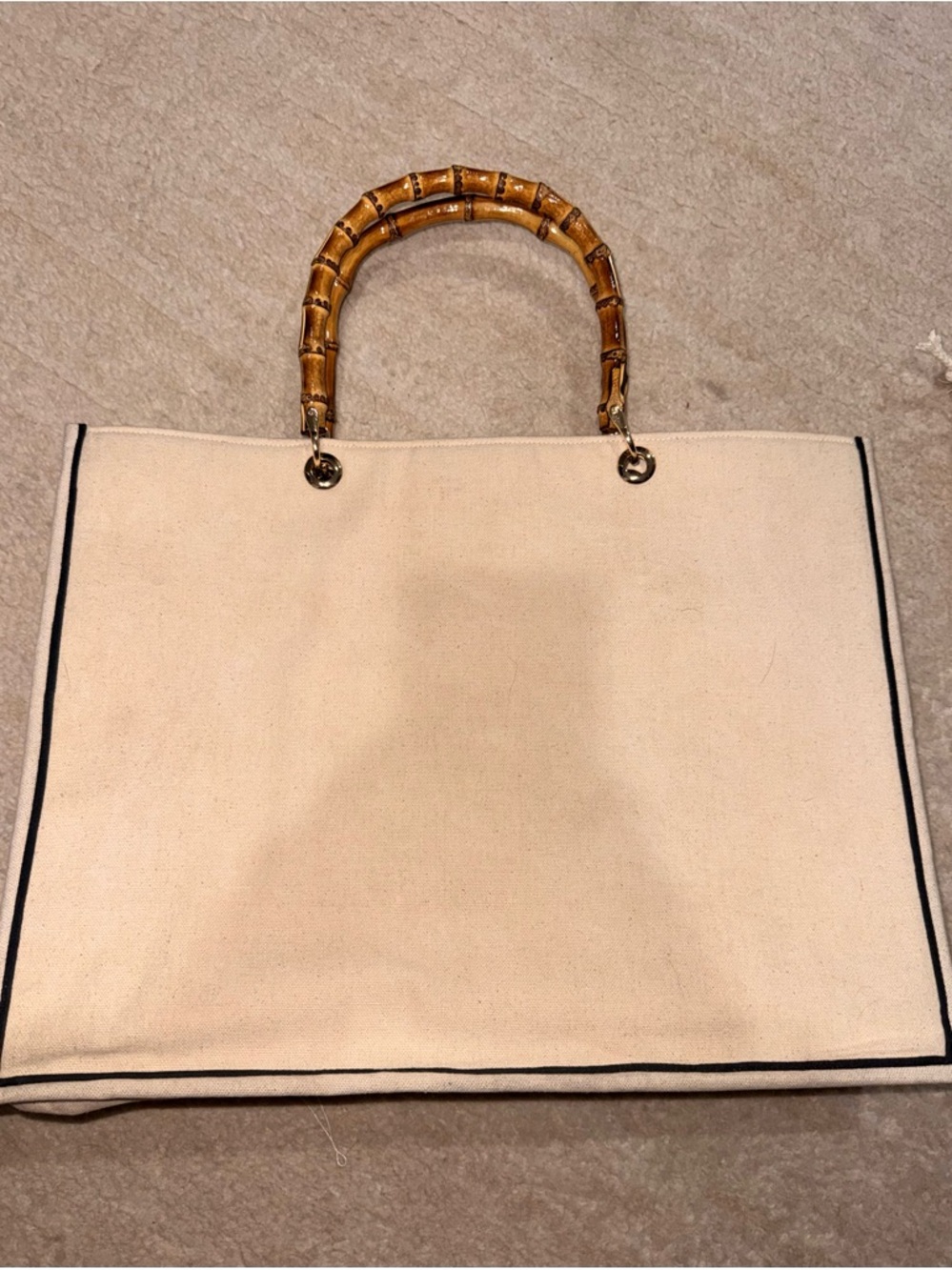 Lemon Pattern Bamboo Handle Tote Bag in Yellow and Black. Hand sewn beads - Picture 5 of 7